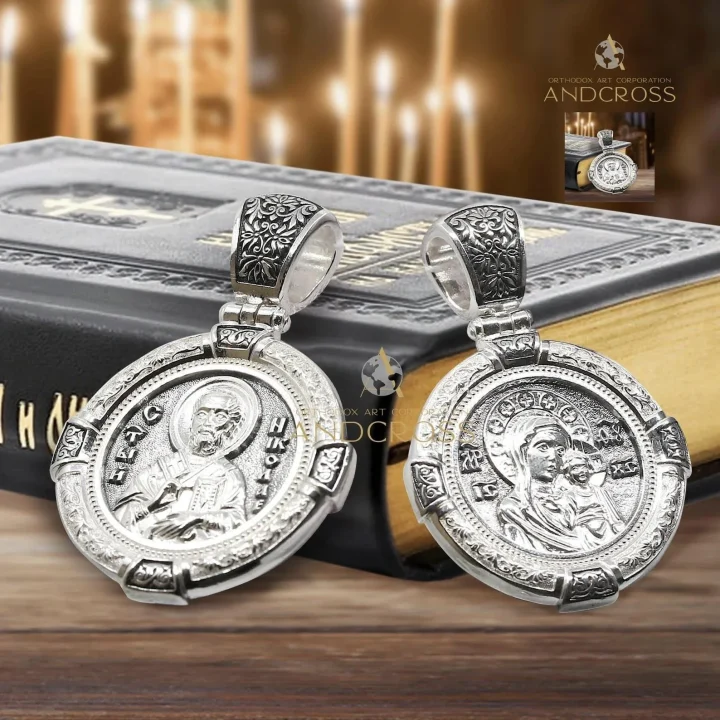 Double-sided sterling silver pendant with the Kazan Mother of God and St Nicholas
