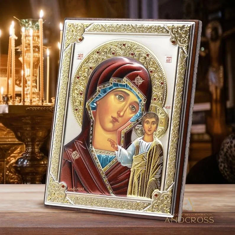 Silver-plated Kazan Mother of God icon, 13 x 18 cm