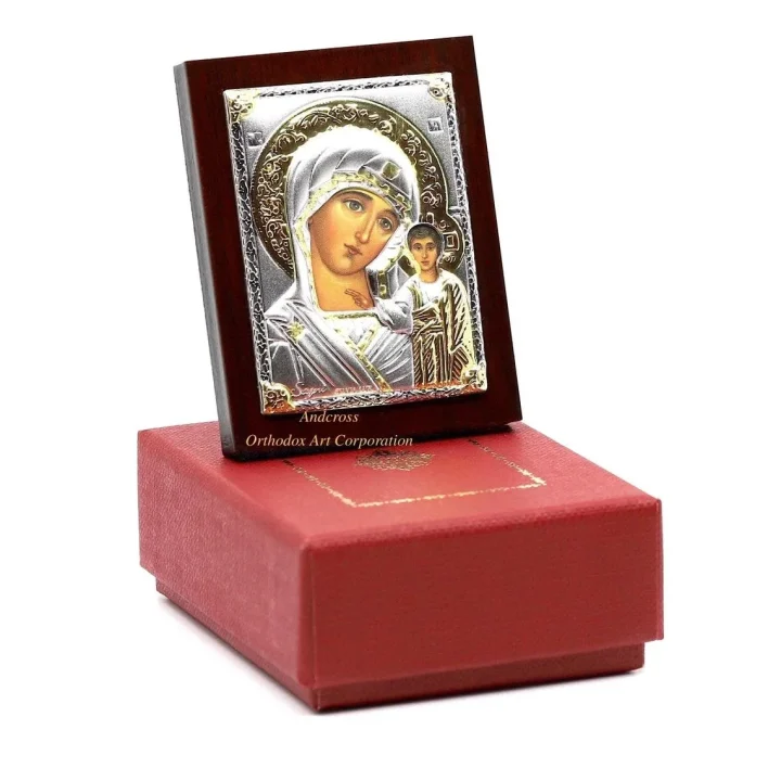 Small silver-plated Kazan Mother of God icon, 6.4 x 5 cm