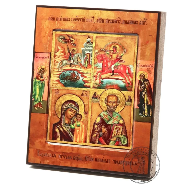 Wooden icon of the Kazan Mother of God with St Nicholas, St George and the Archangel Michael