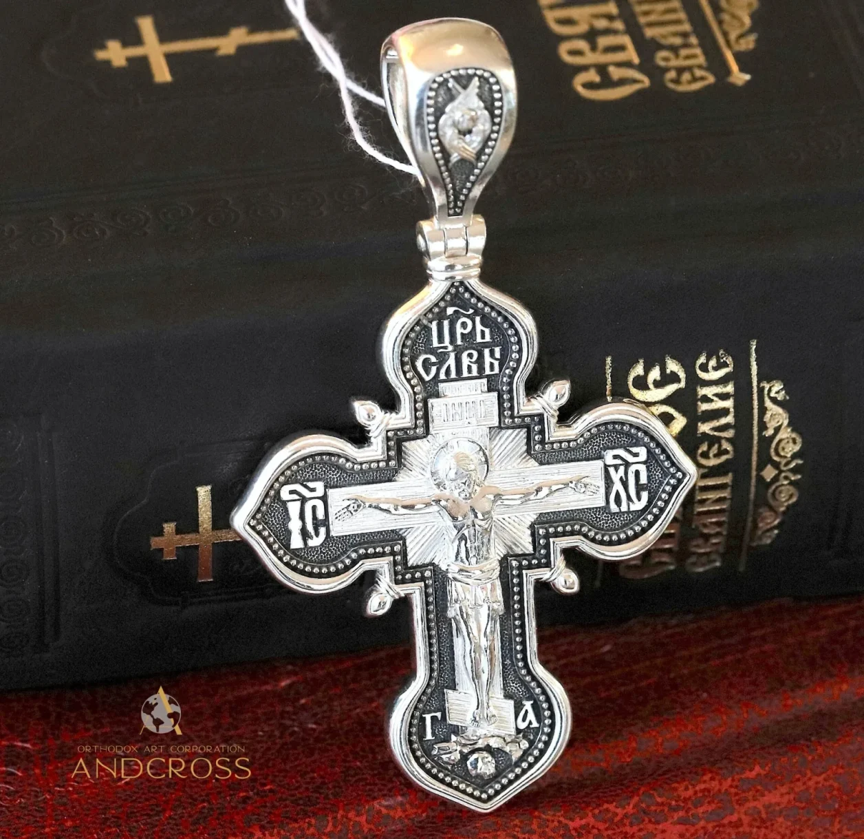 Large sterling silver Orthodox crucifix with the Kazan icon