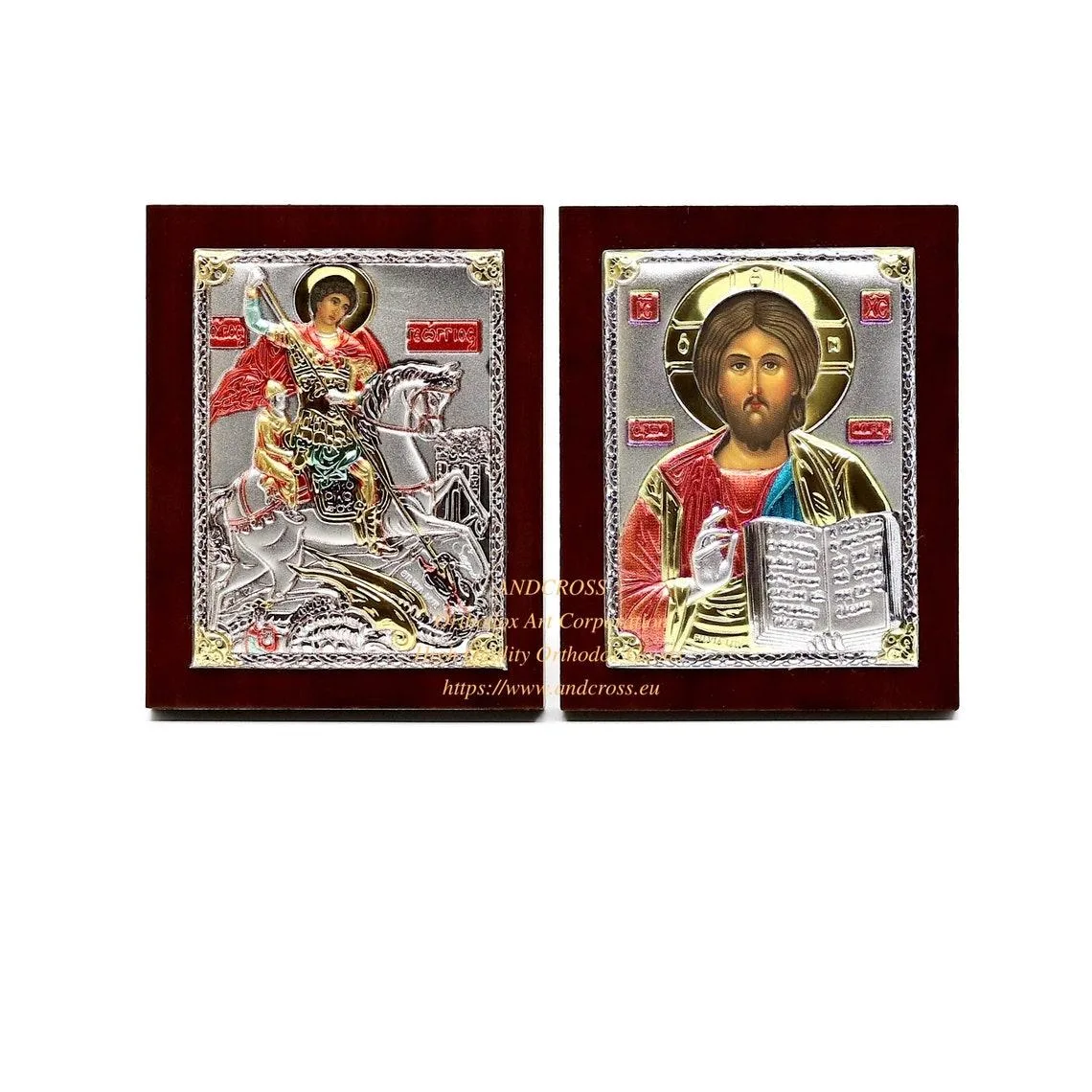 Two small silver-plated icons: the Lord Jesus Christ and St George