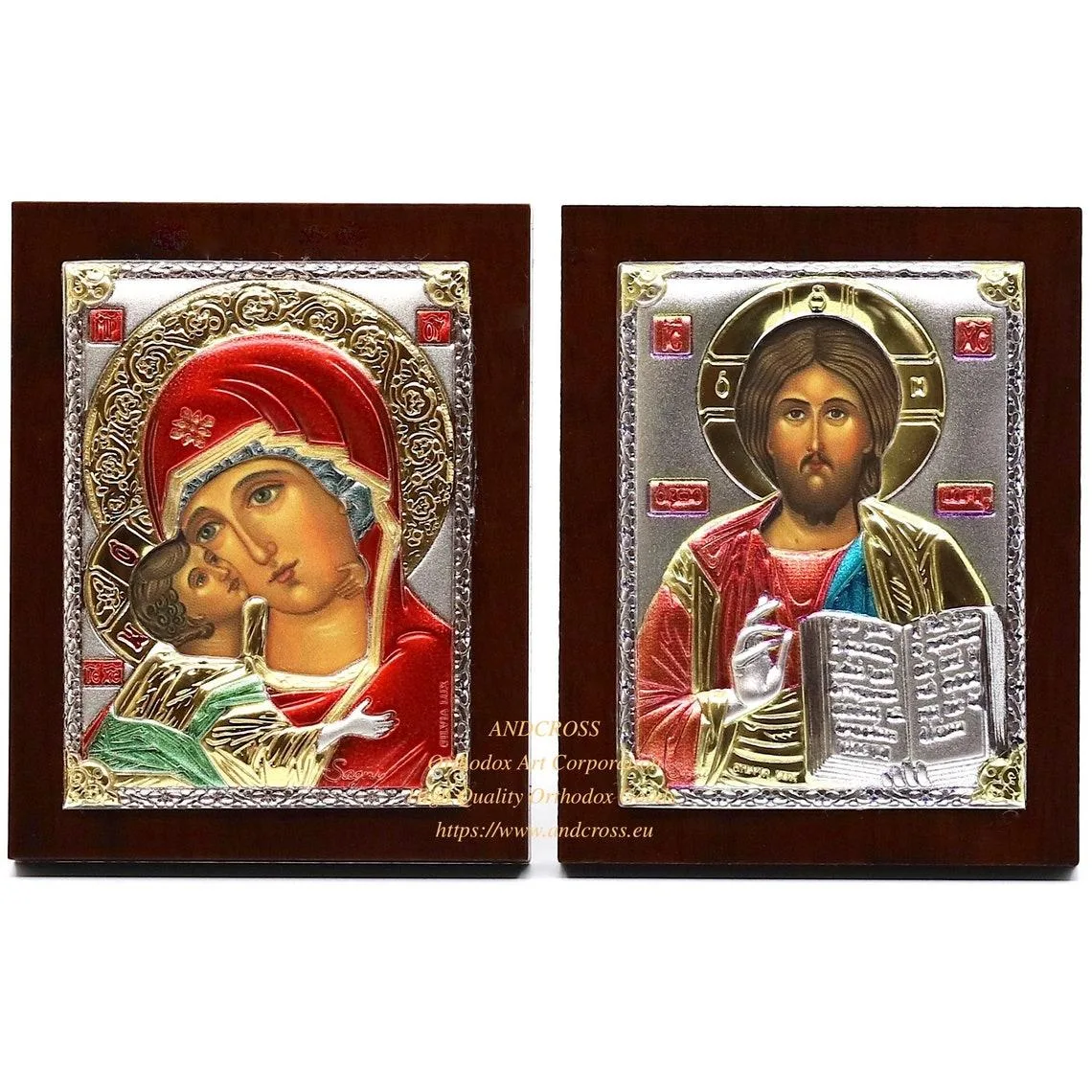 Two small silver-plated icons: the Lord Jesus Christ and the Vladimir Mother of God