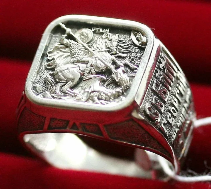 Men's sterling silver signet ring with St George the Victorious