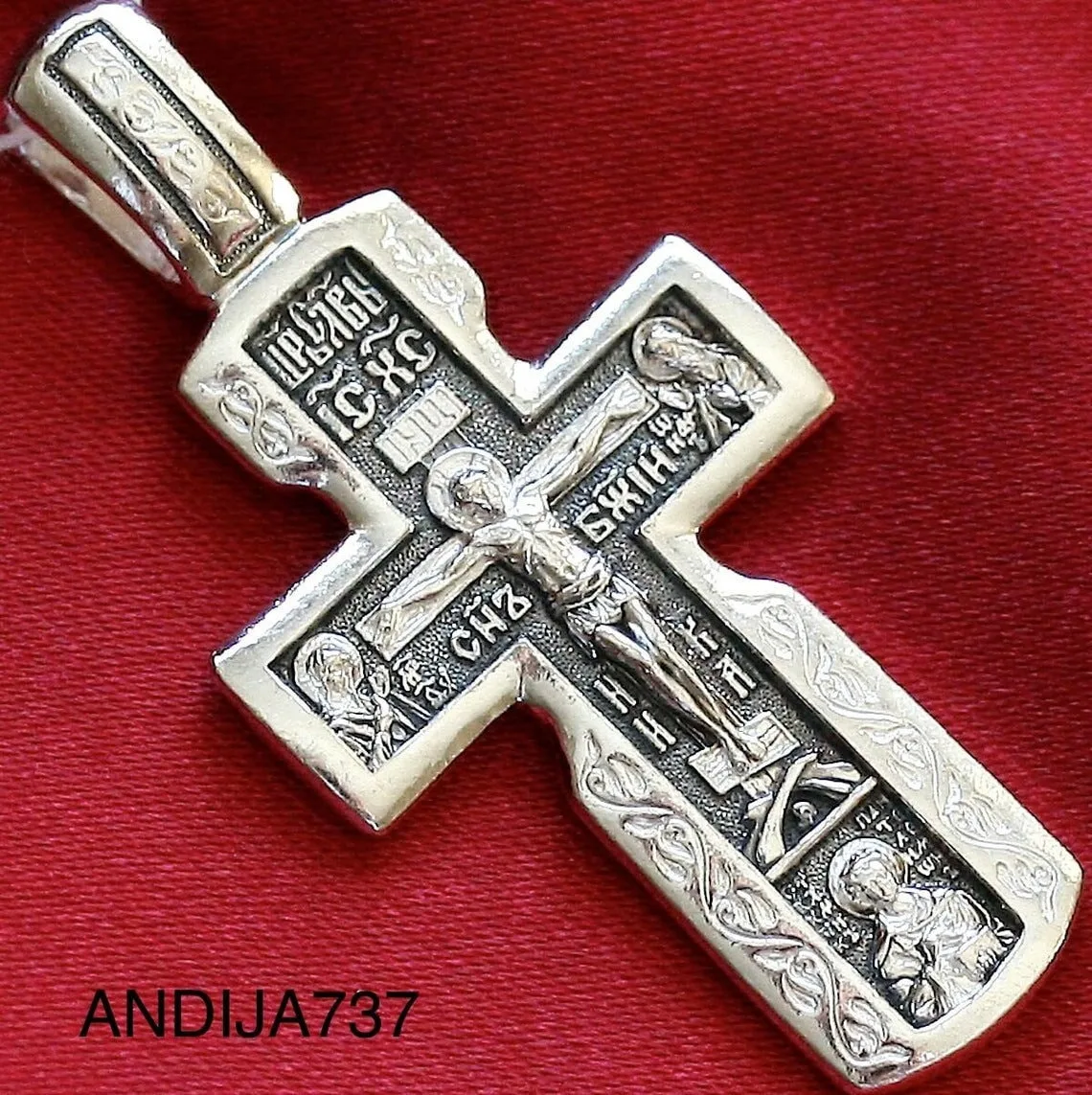 Sterling silver Orthodox cross with the Mother of God and Archangels, back