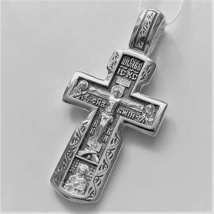 Sterling silver Orthodox cross with the Mother of God and archangels