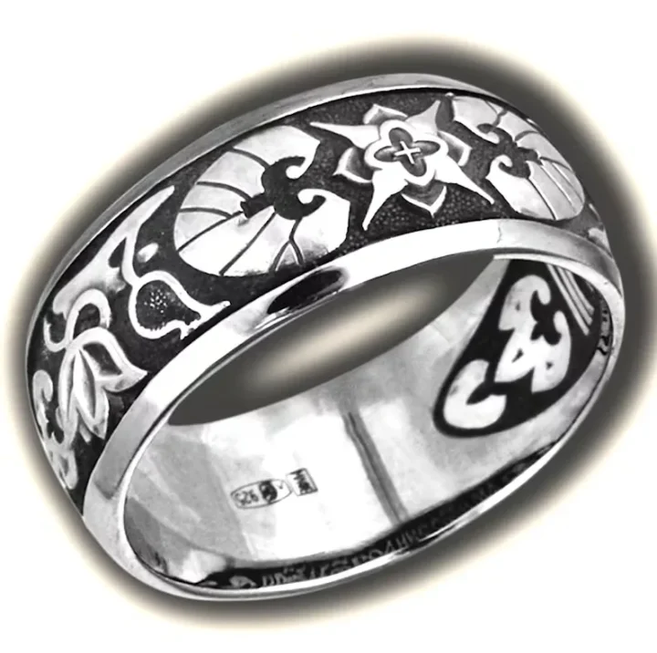 Sterling silver ring with a Byzantine ornament and a Mother of God prayer