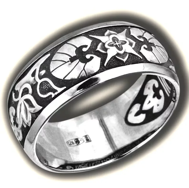 Sterling silver ring with a Byzantine ornament and a Mother of God prayer