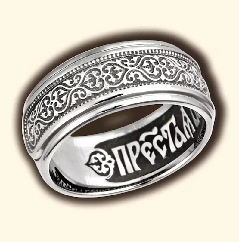 Wide sterling silver Mother of God prayer ring with a Byzantine ornament