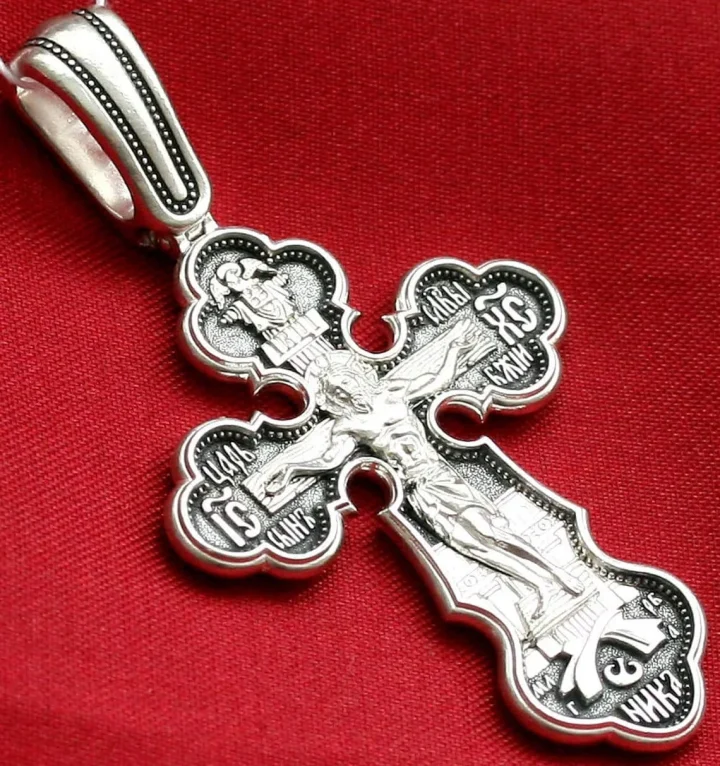 Sterling silver Orthodox cross with the Mother of God and St George