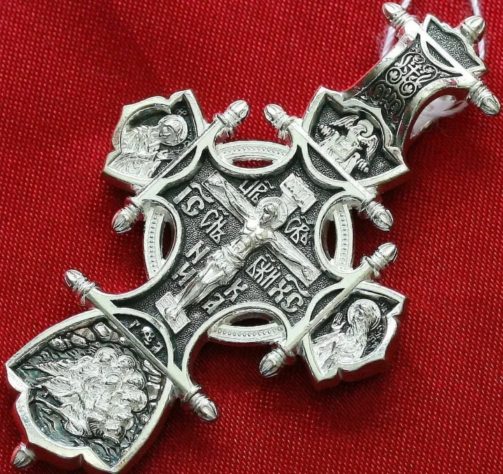 Sterling silver Orthodox cross with the Mother of God and saints, back