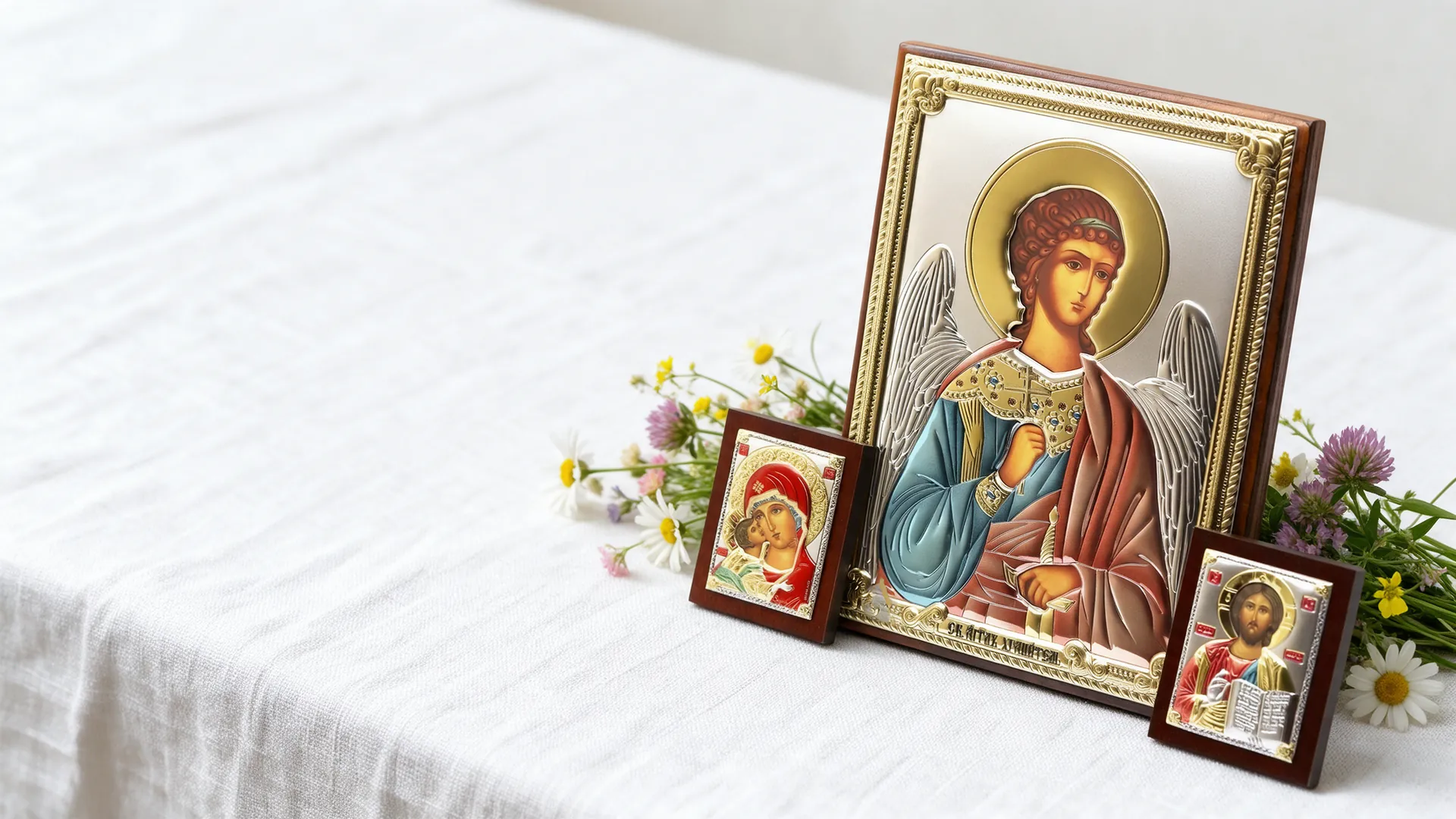 Small icons of saints on a linen tablecloth