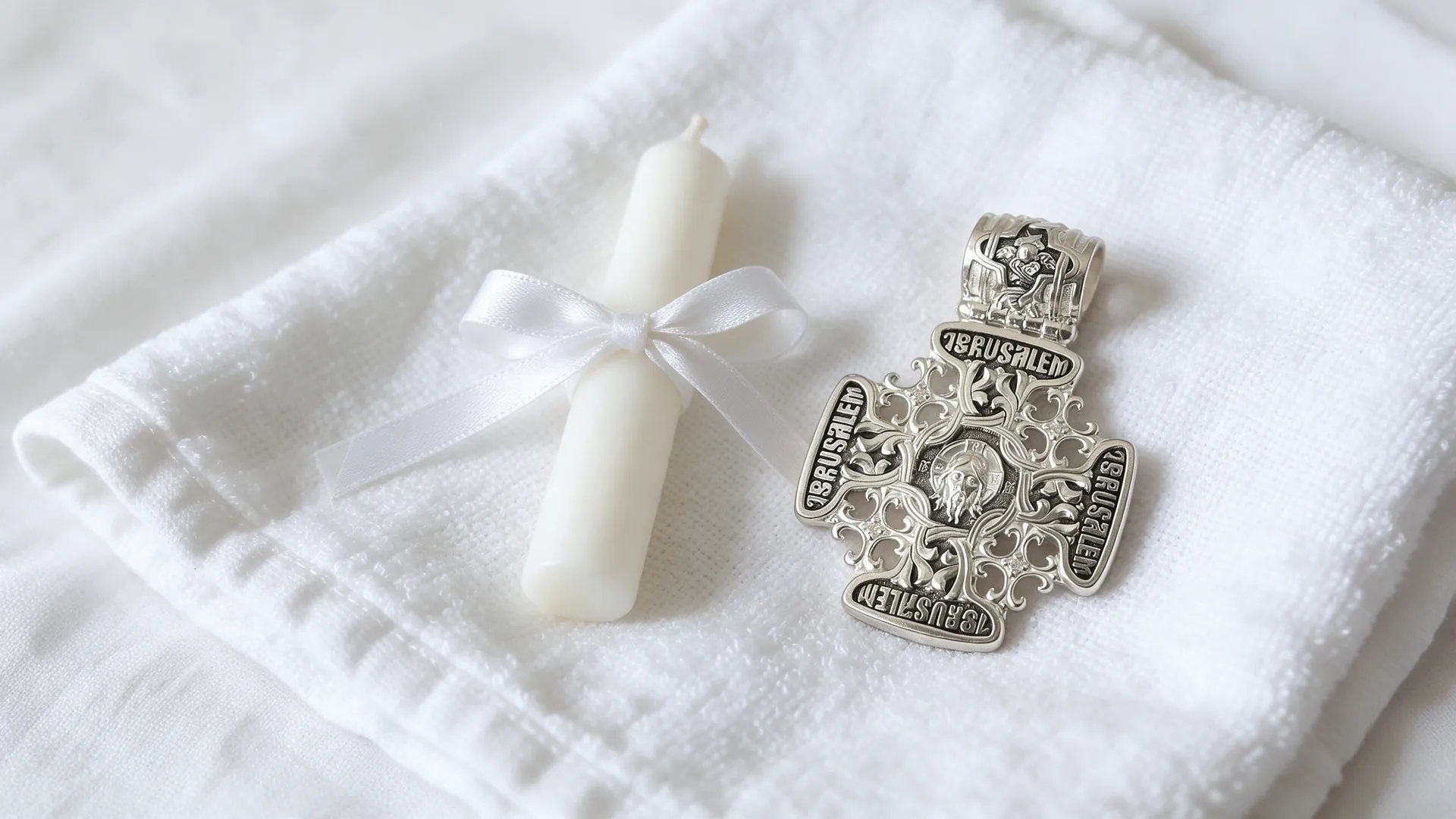Baptism cross on a christening towel with a candle