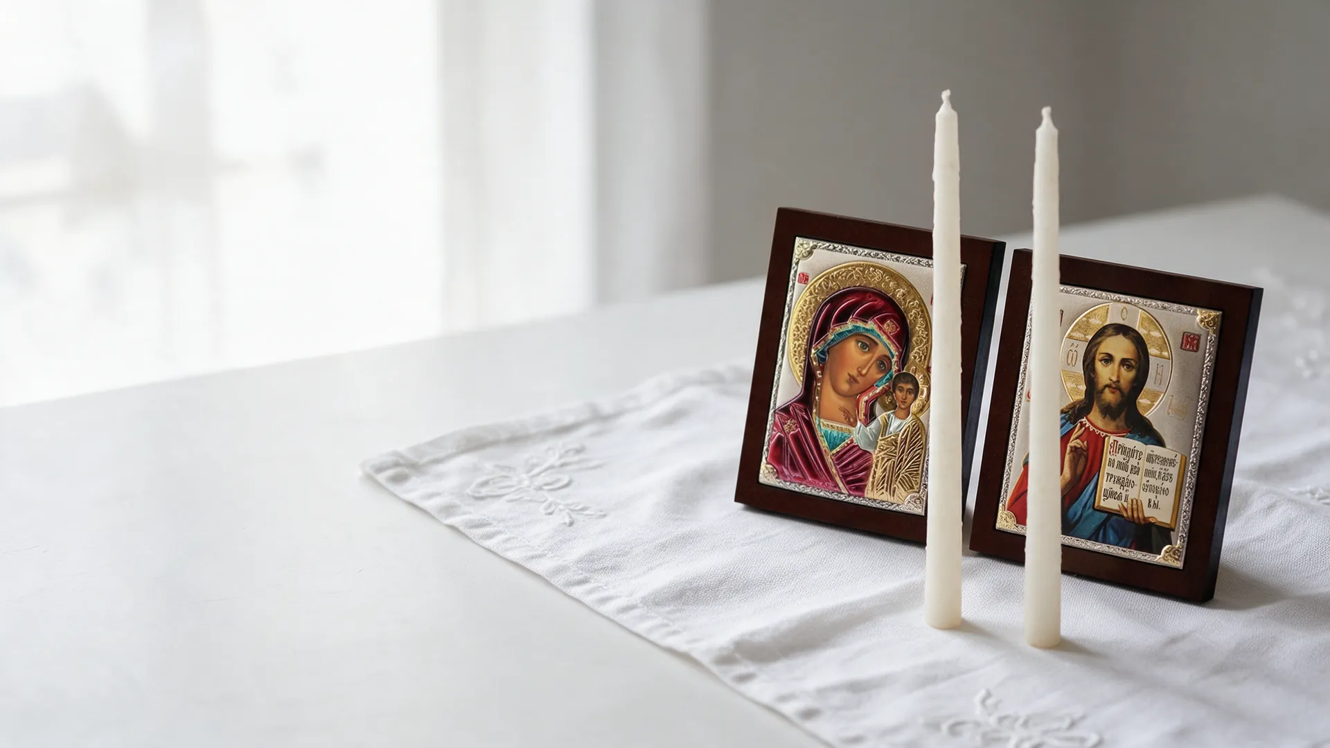 Wedding icons with an embroidered towel and candles