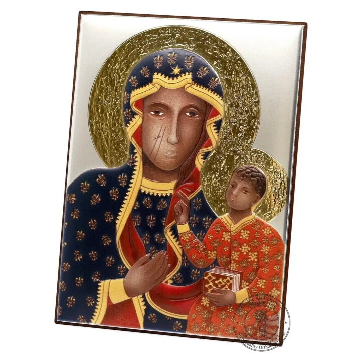 Silver-plated icon of Our Lady of Czestochowa, 13 x 18 cm
