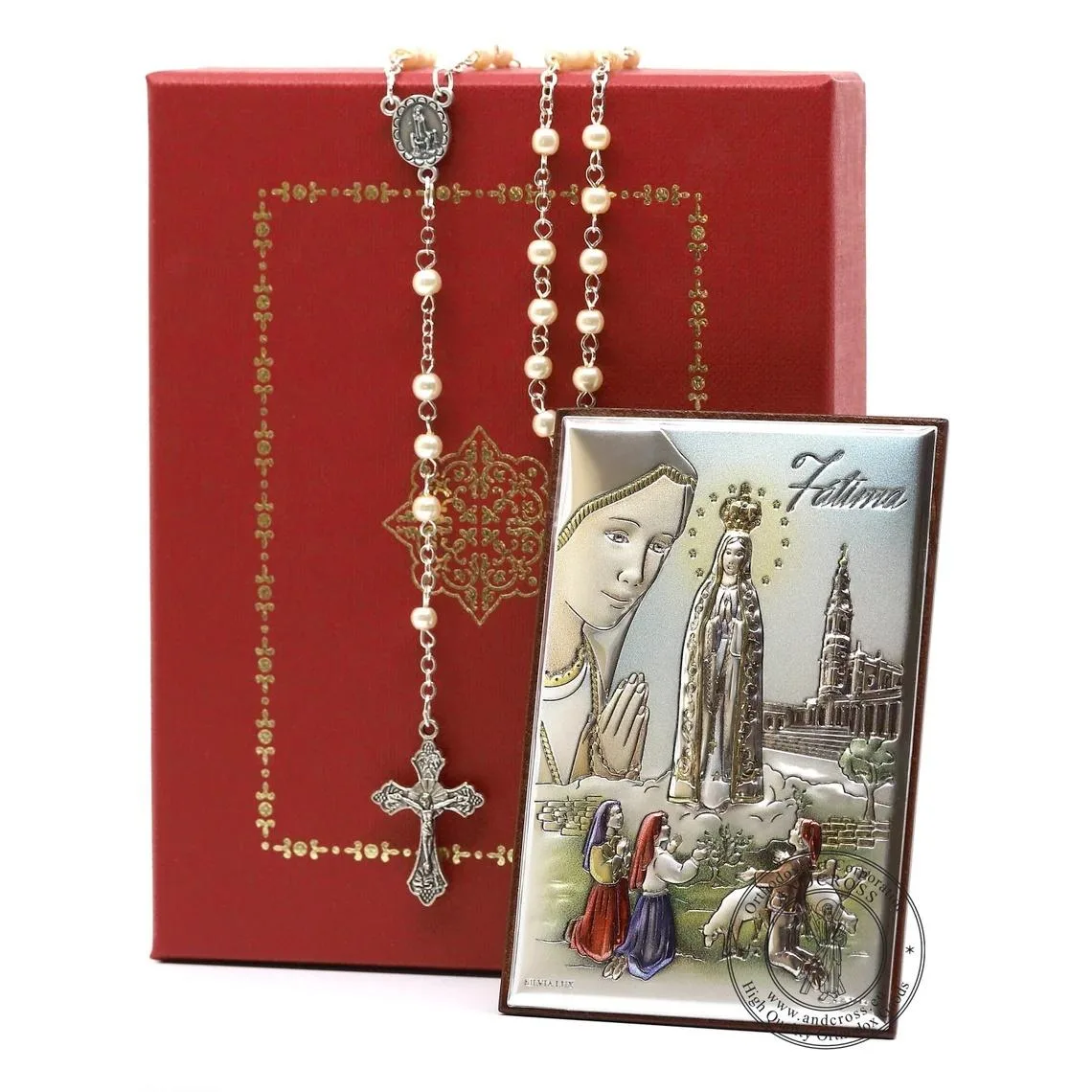 Silver-plated Our Lady of Fatima icon with a metal rosary in a red gift box