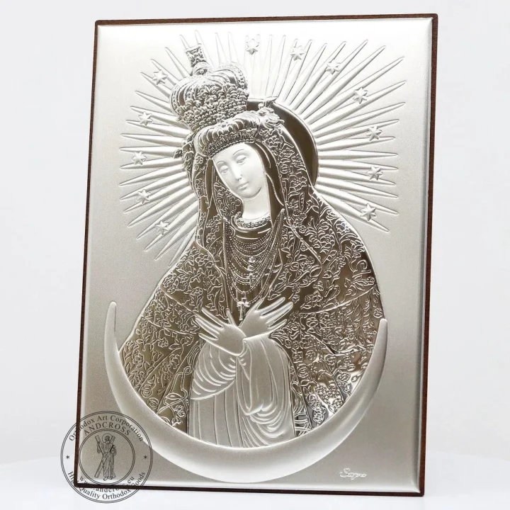Silver-plated icon of Our Lady of the Gate of Dawn, 13 x 18 cm