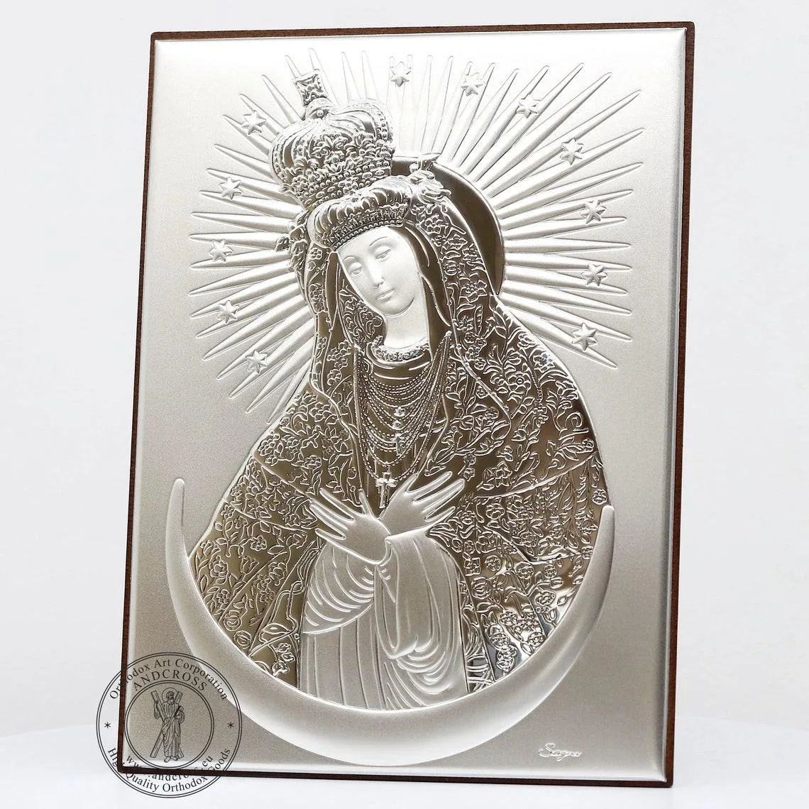 Silver-plated icon of Our Lady of the Gate of Dawn, 13 x 18 cm