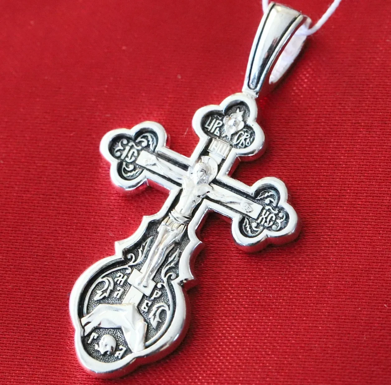 Sterling silver Orthodox cross with the Crucifixion and Our Lady of the Sign