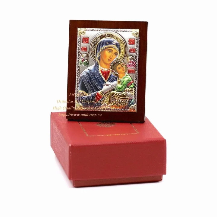 Small silver-plated Panagia Amolyntos icon, 6.4 x 5 cm