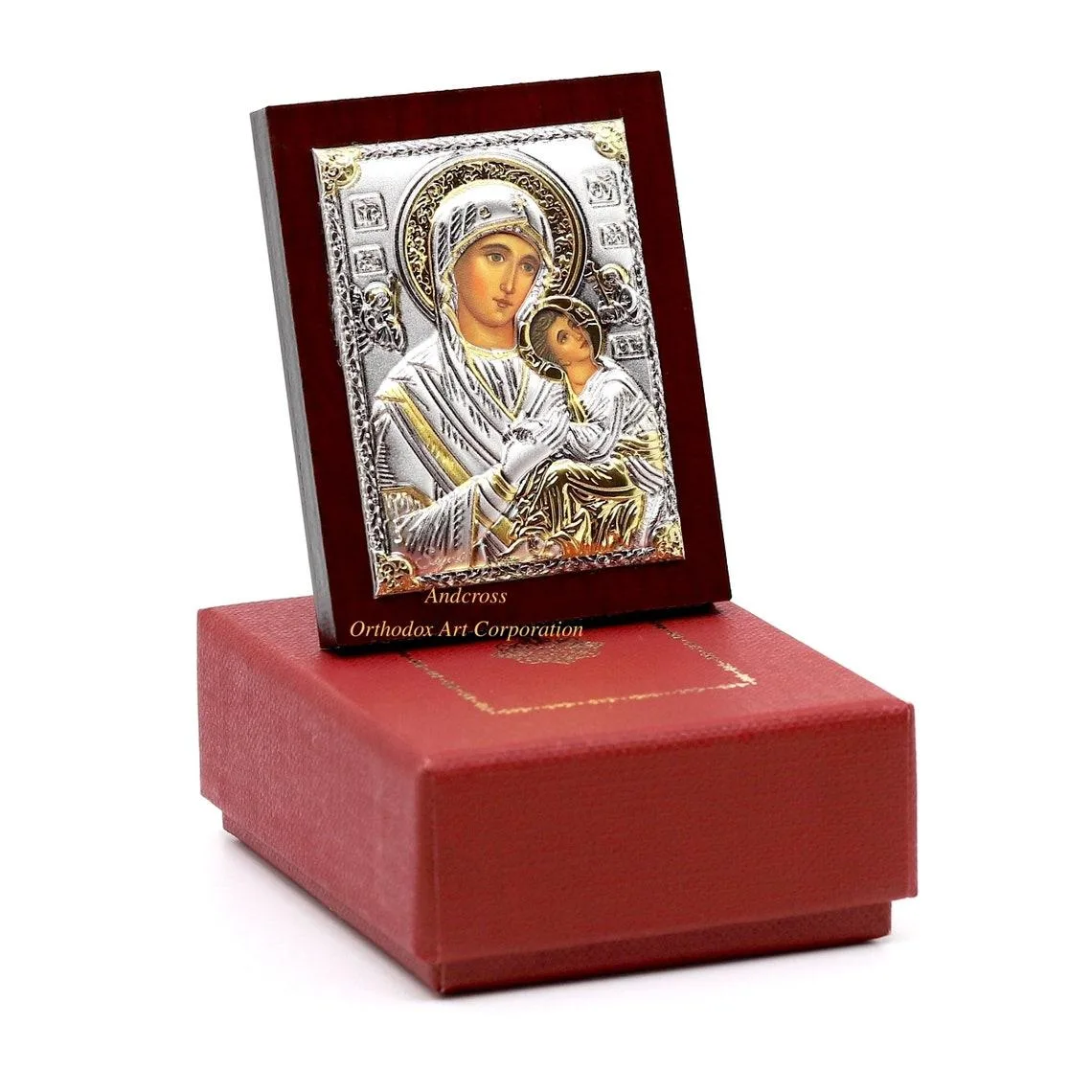 Silver-plated Panagia Amolyntos icon, 6.4 x 5 cm, in a gift box