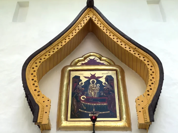 Icon of the Dormition of the Theotokos on the wall of the Pskov-Caves monastery, 2019