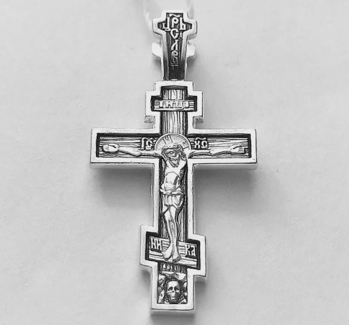 Small sterling silver baptism cross with the Precious Cross prayer