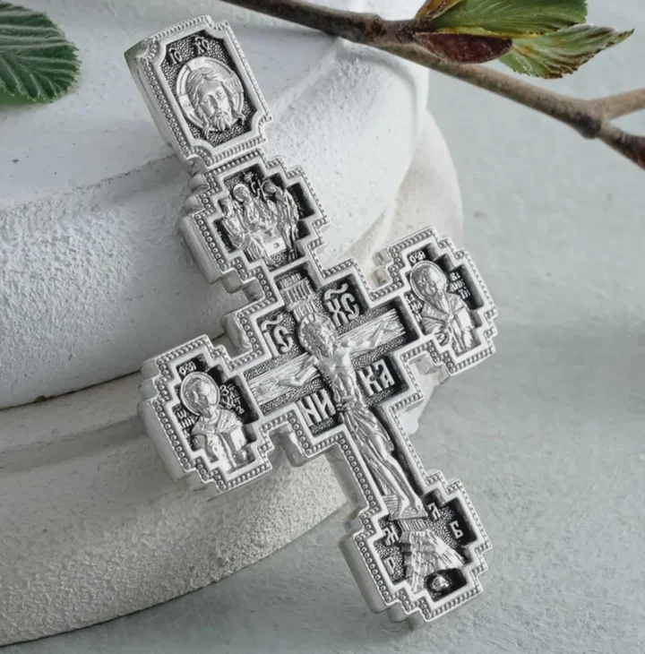Sterling silver Orthodox cross with the Protection of the Mother of God, back