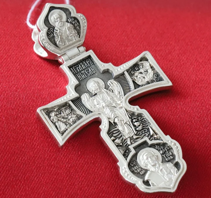 Sailors' sterling silver Orthodox cross with St Nicholas and St Andrew