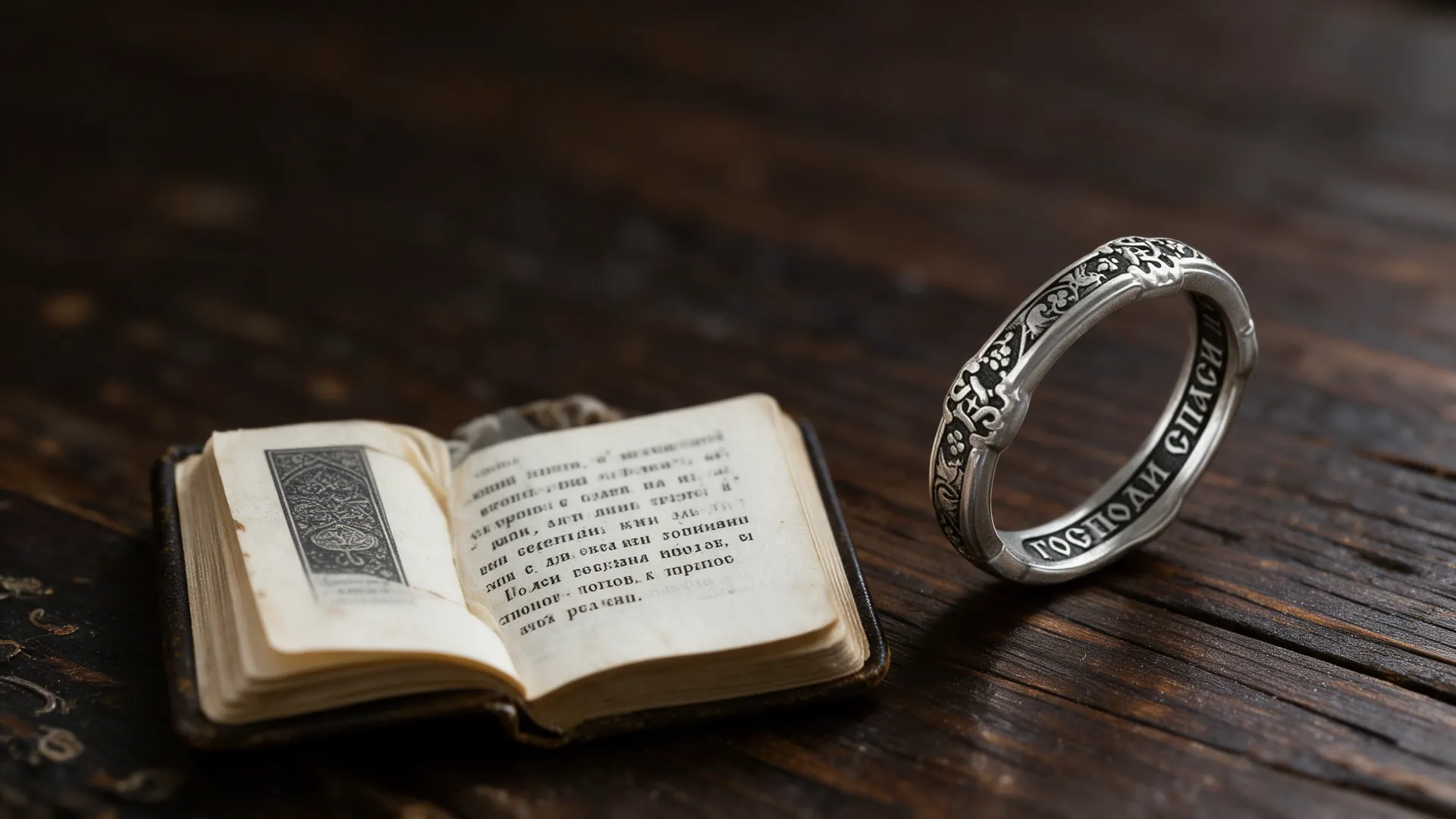 Silver Save and Protect ring beside a prayer book