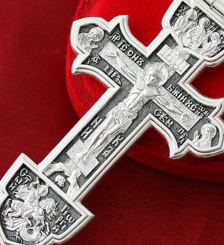 Large sterling silver Orthodox cross with St George and the Holy Trinity