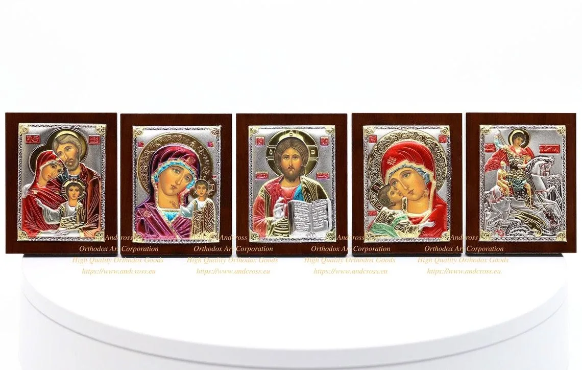 Set of five small silver-plated icons, 6.4 x 5 cm