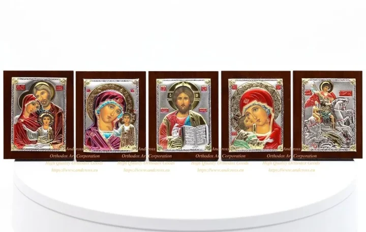 Five small silver-plated icons in a gift box
