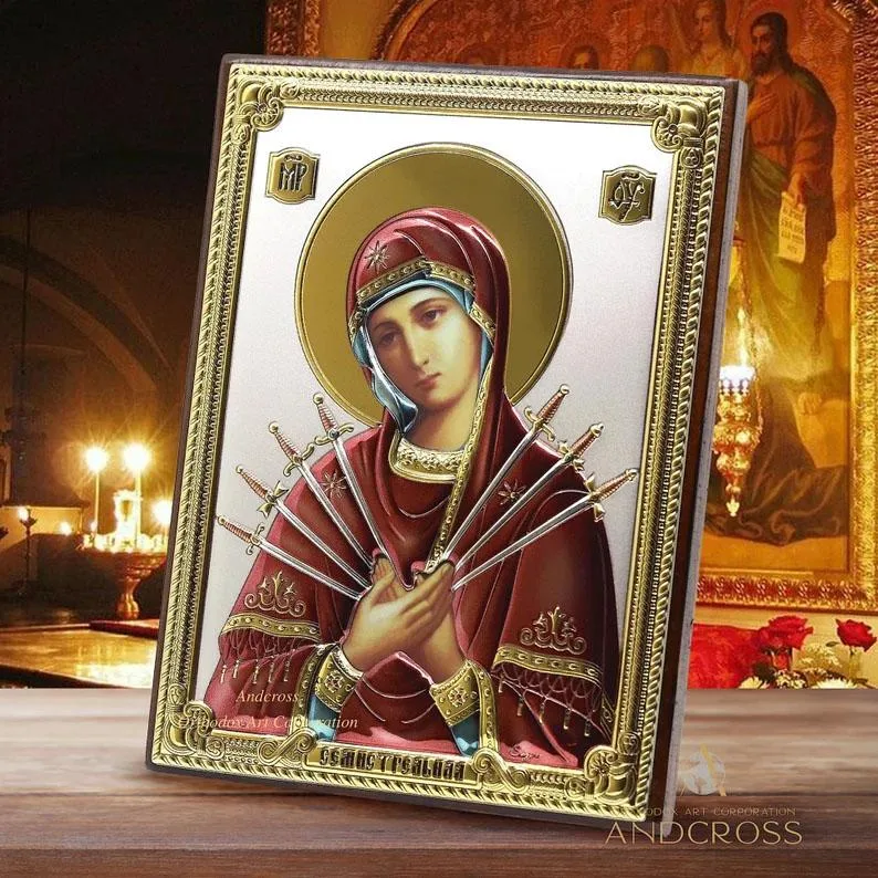 Silver-plated Seven Arrows Mother of God icon, 13 x 18 cm