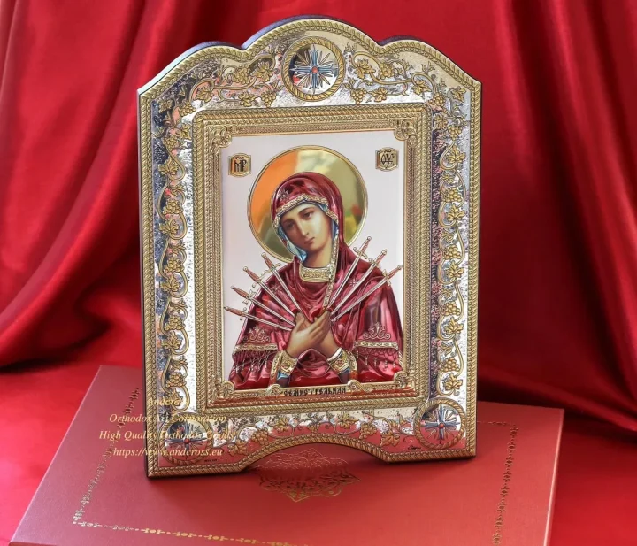 Seven Arrows Mother of God icon, silver-plated, 21 x 28 cm