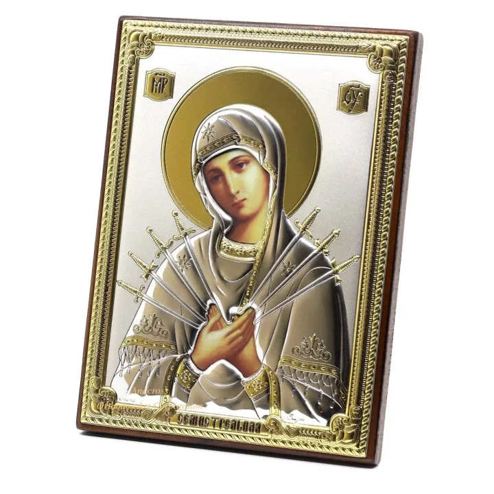 Silver-plated Seven Arrows Mother of God icon, 13 x 18 cm, in a gift box