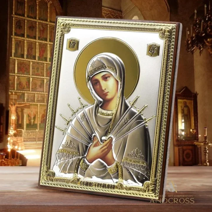 Silver-plated Seven Arrows Mother of God icon in a gift box, 13 x 18 cm