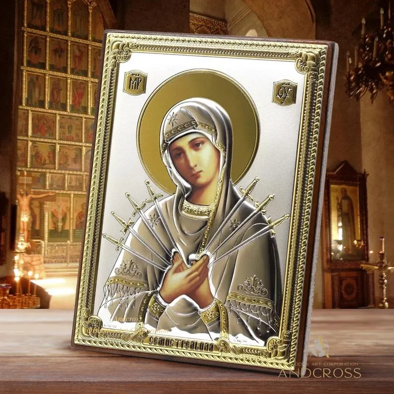 Silver-plated Seven Arrows Mother of God icon in a gift box, 13 x 18 cm