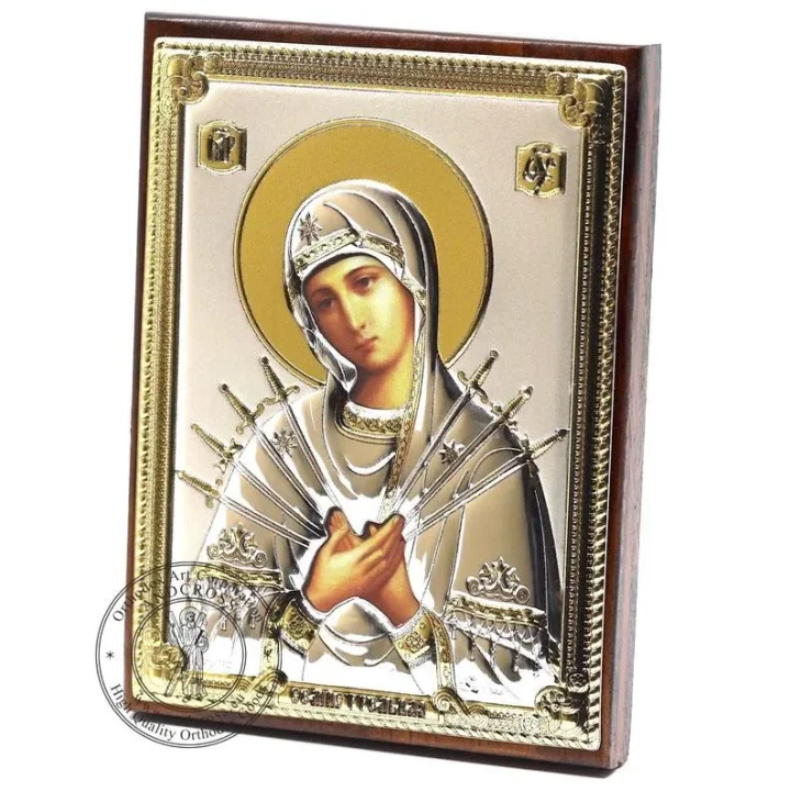 Silver-plated Seven Arrows Mother of God icon on an MDF base, 8 x 11 cm