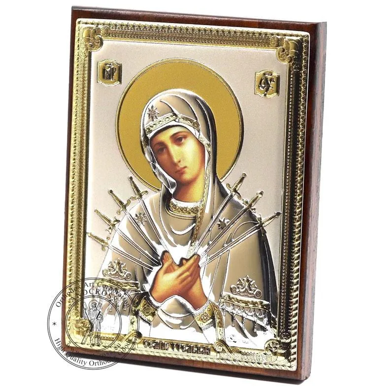 Silver-plated Seven Arrows Mother of God icon on an MDF base, 8 x 11 cm
