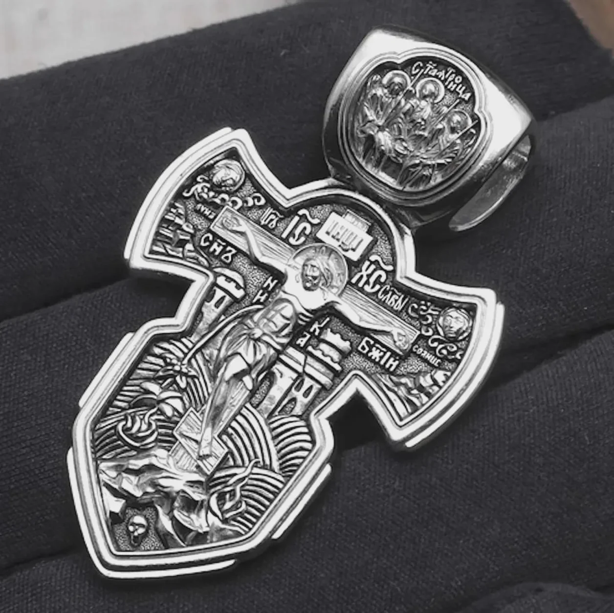 Sterling silver Orthodox cross with St Alexander Nevsky and St Dmitry Donskoy