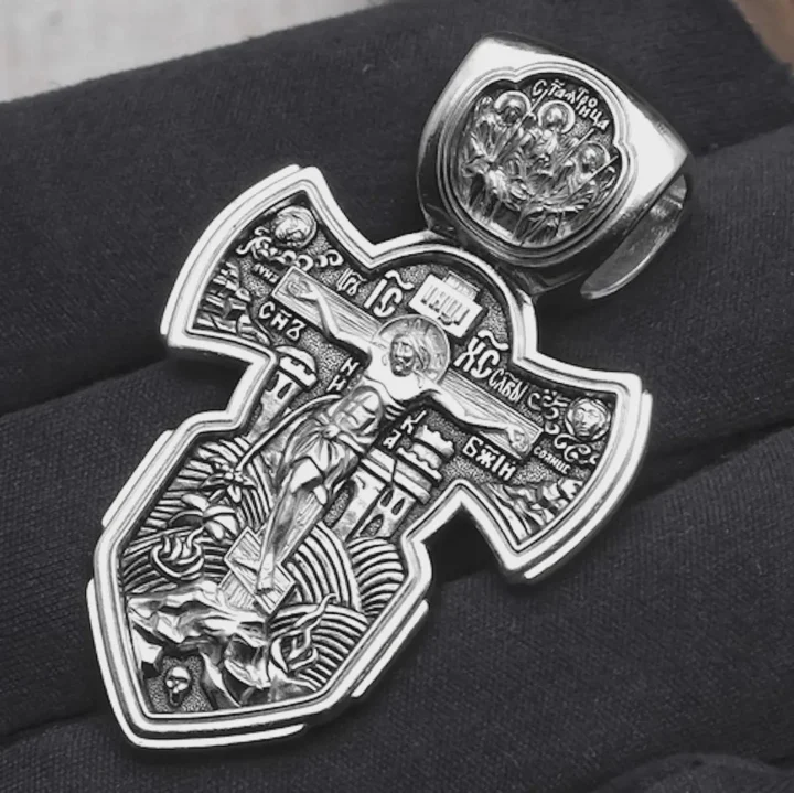Sterling silver Orthodox cross with St Alexander Nevsky and St Dmitry Donskoy