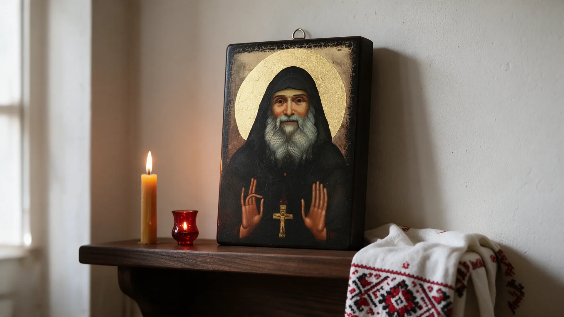 Icon of St Gabriel of Samtavro (Urgebadze) on a shelf in a home icon corner with a candle