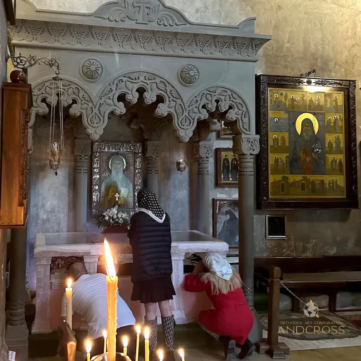 St Gabriel Urgebadze icon with relic cloth in an open wooden box
