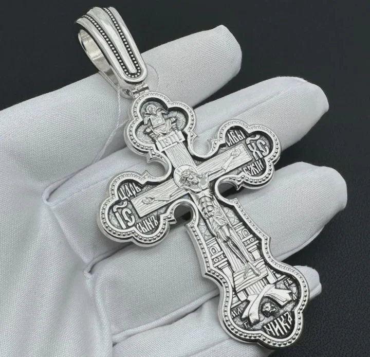 Massive sterling silver Orthodox cross with St George and archangels