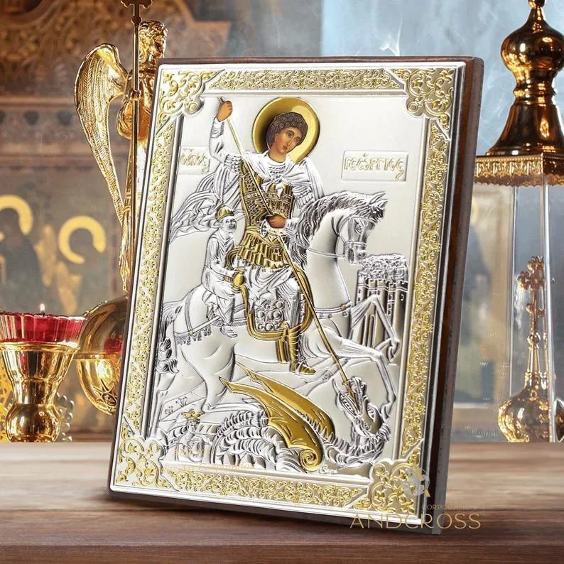 Silver-plated St George icon, 13 x 18 cm, in a gift box