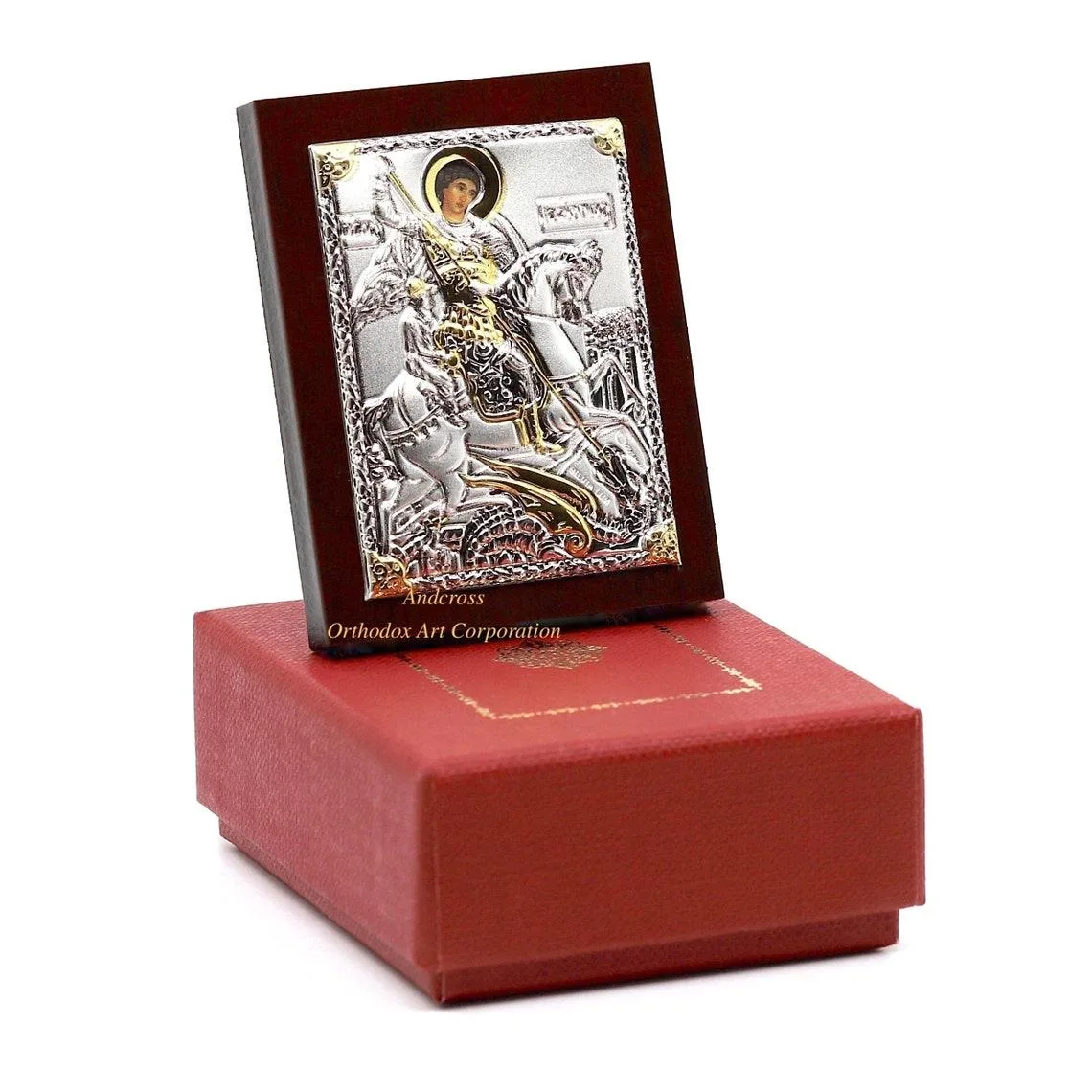 Silver-plated St George icon, 6.4 x 5 cm, in a gift box