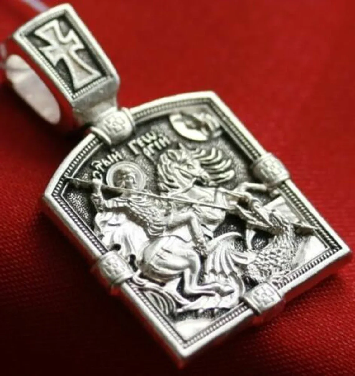 Sterling silver St George the Victorious icon pendant, front