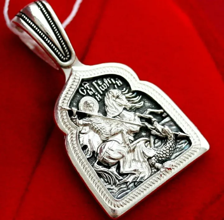Sterling silver St George the Victorious Orthodox pendant, front