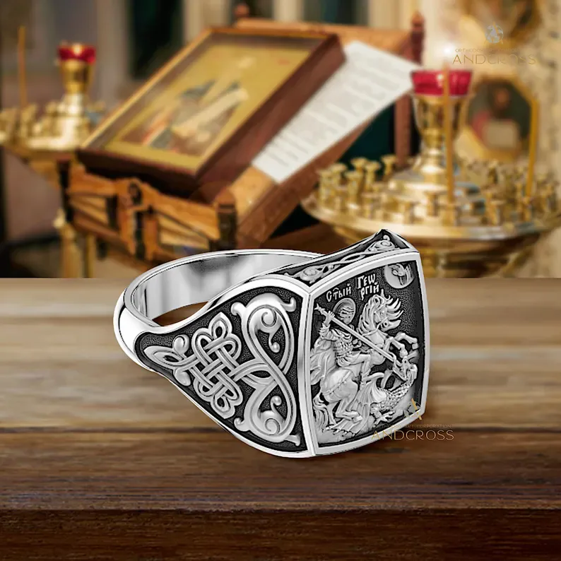 Sterling silver signet ring with St George the Victorious, 14 x 14 mm
